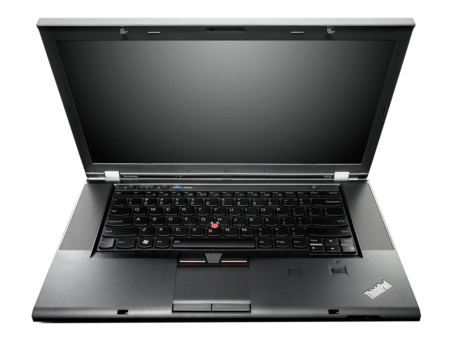408470 - lab-kuzniewski.pl - Testy laptopów, recenzje i porównania Open black Lenovo ThinkPad laptop with screen blank, keyboard visible and ThinkPad logo on the palm rest area