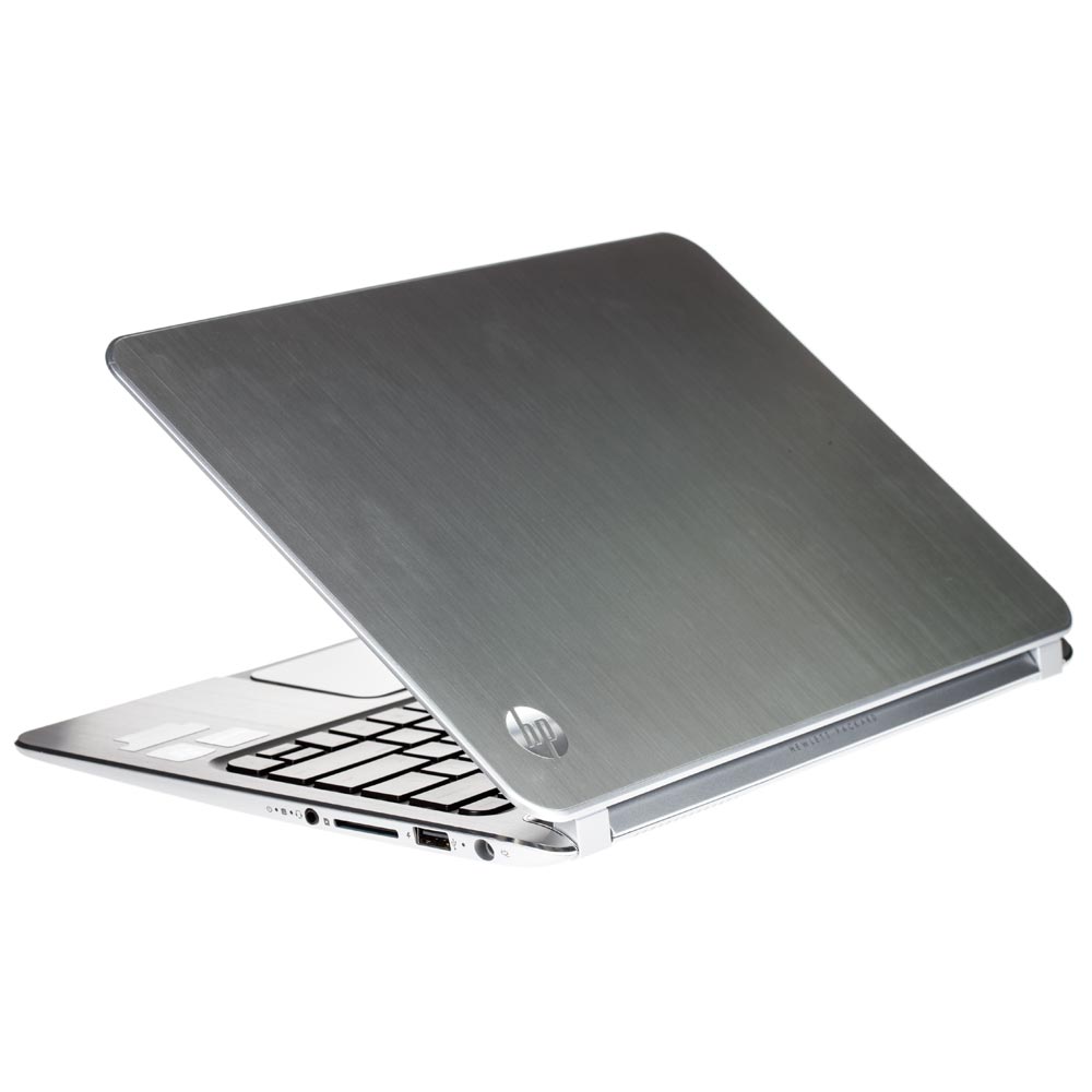 Silver HP laptop angled to show keyboard and brushed metal lid on a white background.