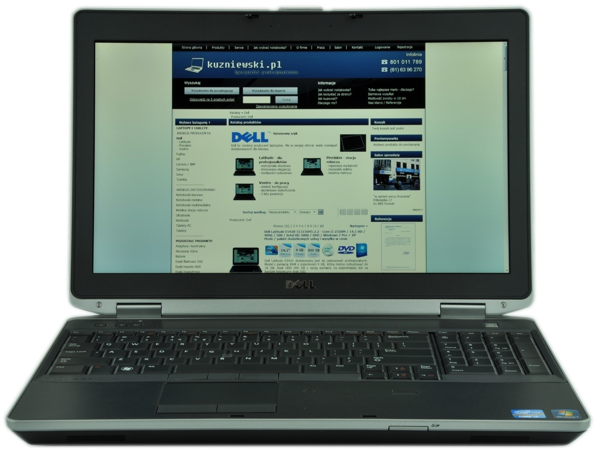 dell-latitude-e6530-5169_122243 - lab-kuzniewski.pl - Testy laptopów, recenzje i porównania Dell laptop open, screen shows a Polish website with blue header and product categories (kuzniewski.pl).