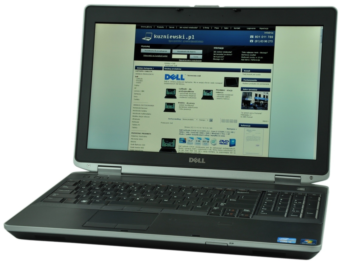 dell-latitude-e6530-5169_122244 - lab-kuzniewski.pl - Testy laptopów, recenzje i porównania Dell laptop open, displaying a web page with a blue header and navigation bar on the screen (tech store site).