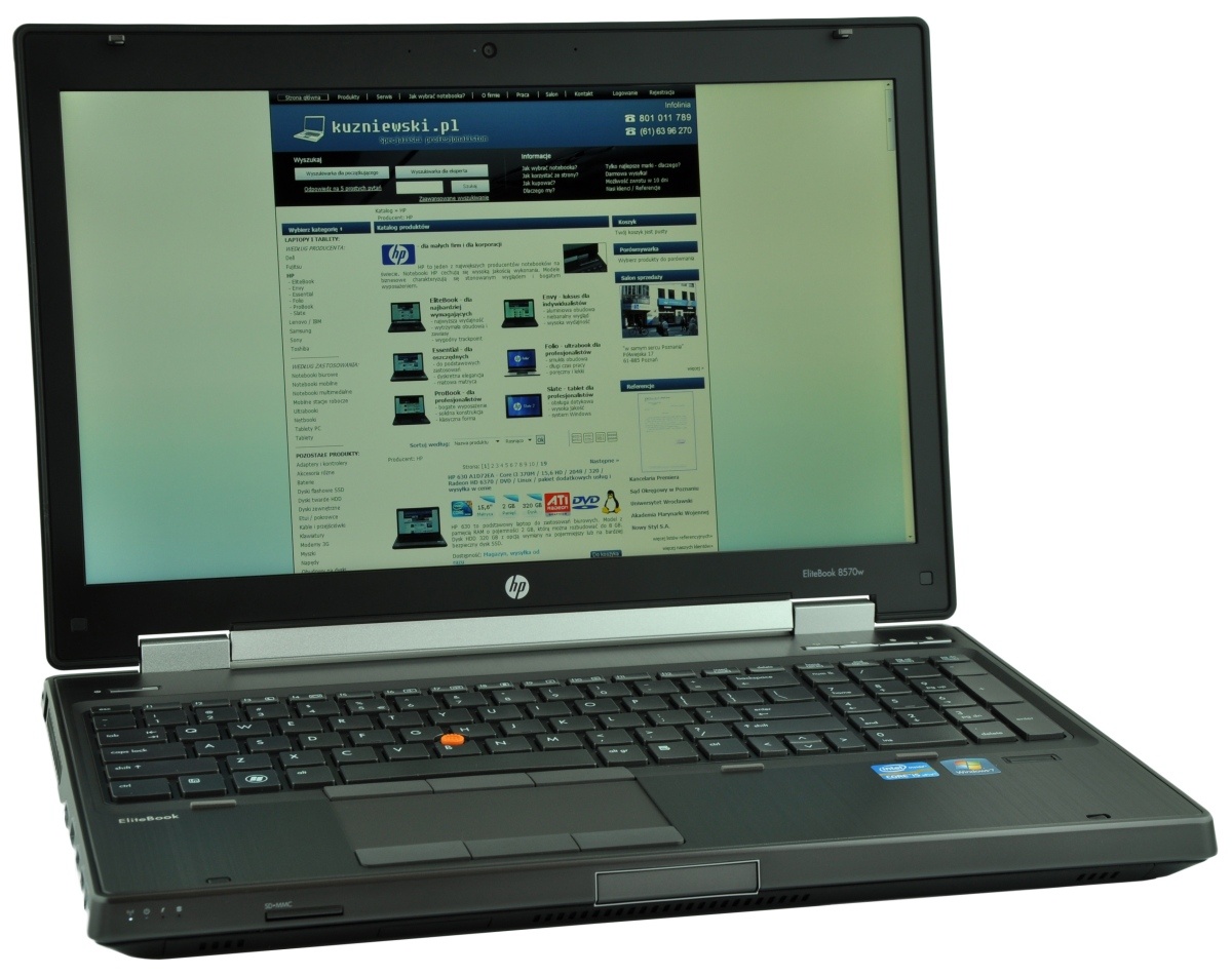 HP EliteBook 8570w laptop open, displaying a website on the screen.
