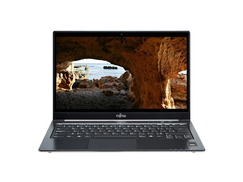 Fujitsu LifeBook U772_0306_01 - lab-kuzniewski.pl - Testy laptopów, recenzje i porównania Fujitsu laptop open, screen showing a rocky sea cave wallpaper.