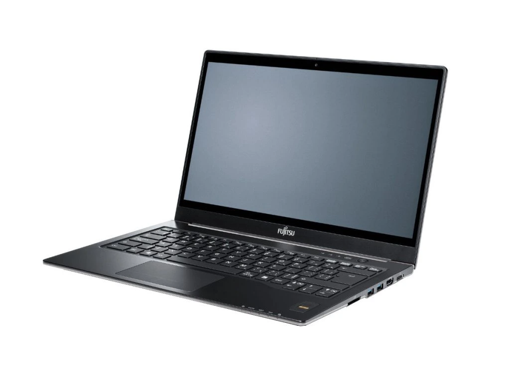 Fujitsu LifeBook U772_0306_02 - lab-kuzniewski.pl - Testy laptopów, recenzje i porównania Black Fujitsu laptop opened at a slight angle on a white background, blank screen visible.