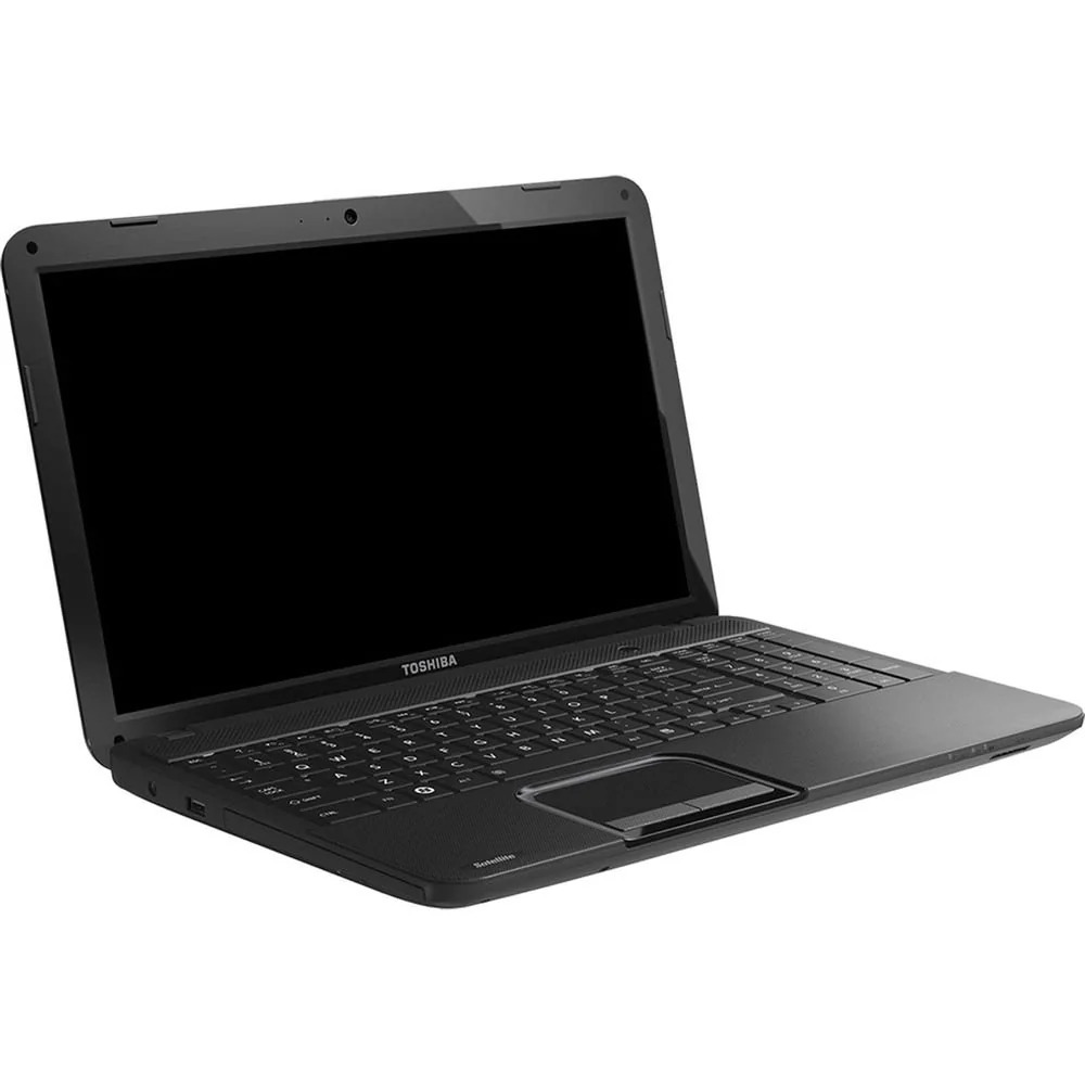 Toshiba Satellite Pro C850_0306_02 - lab-kuzniewski.pl - Testy laptopów, recenzje i porównania Toshiba laptop open with black screen, showcasing keyboard and touchpad on a dark chassis