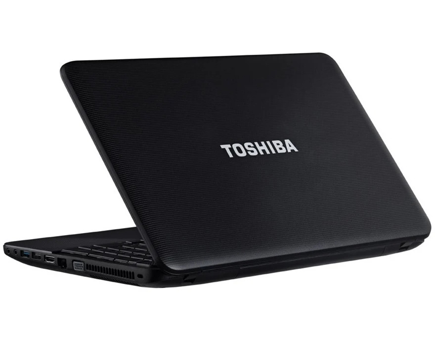 Toshiba Satellite Pro C850_0306_03 - lab-kuzniewski.pl - Testy laptopów, recenzje i porównania Black Toshiba laptop partially open against a white background, showing a textured lid and side ports