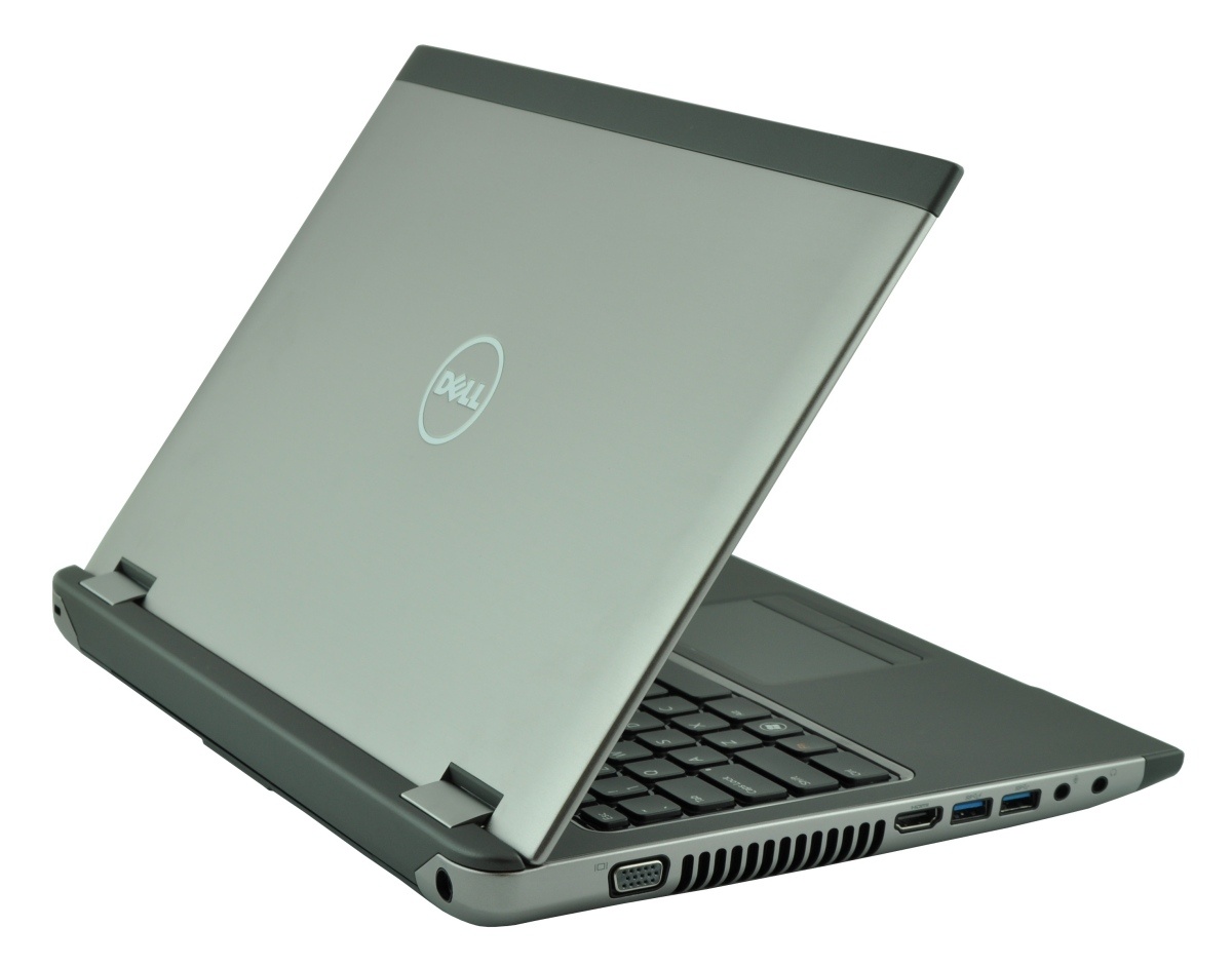 Dell laptop in tent mode, silver chassis with keyboard visible and side ports showing