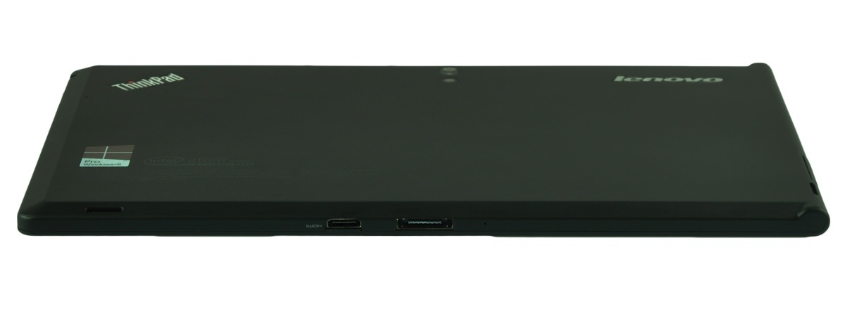 Back view of a black Lenovo ThinkPad tablet, with side edge ports visible (micro USB/HDMI) along the bottom edge.
