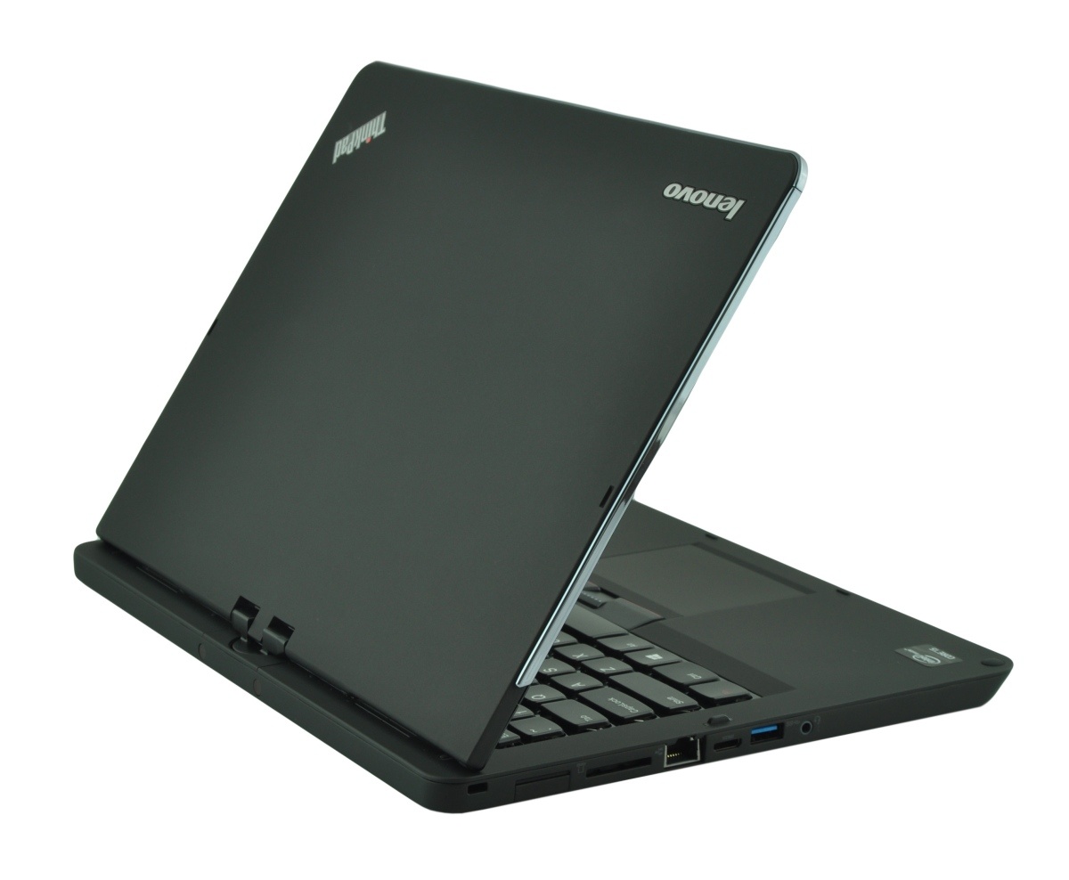 Black Lenovo laptop partially open on a white background, logo visible on the back of the screen and side ports showing at the base edge