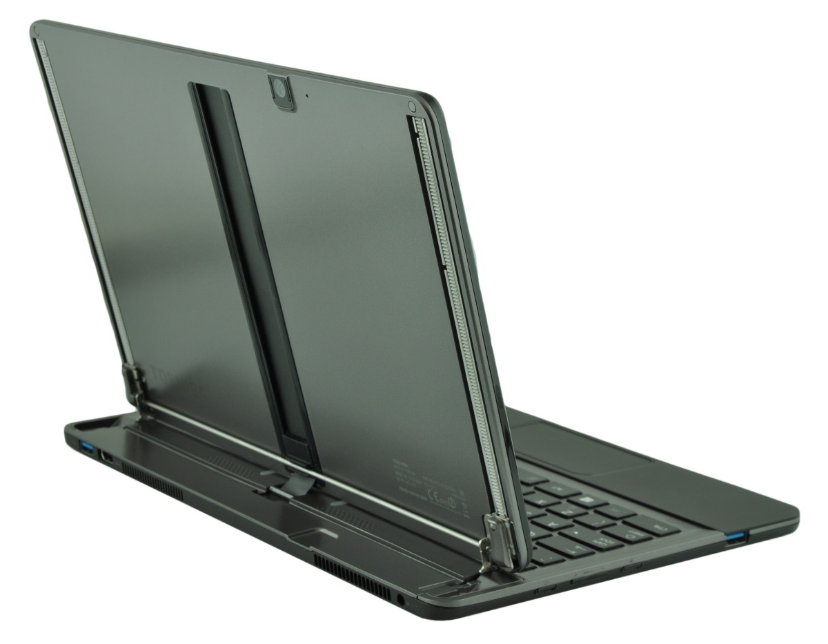 Convertible laptop in tent/stand mode with screen folded back, keyboard open and ports visible along base edge
