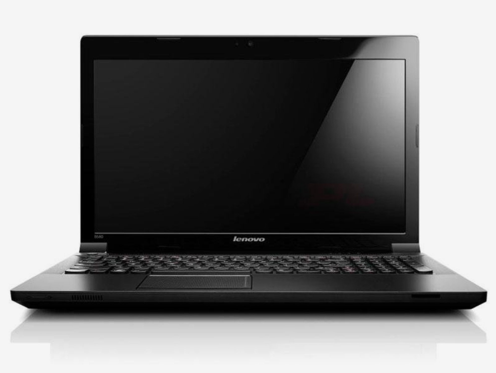 Lenovo_B590_0906_01 - lab-kuzniewski.pl - Testy laptopów, recenzje i porównania Lenovo laptop open with black screen and visible keyboard on a white background (front view).