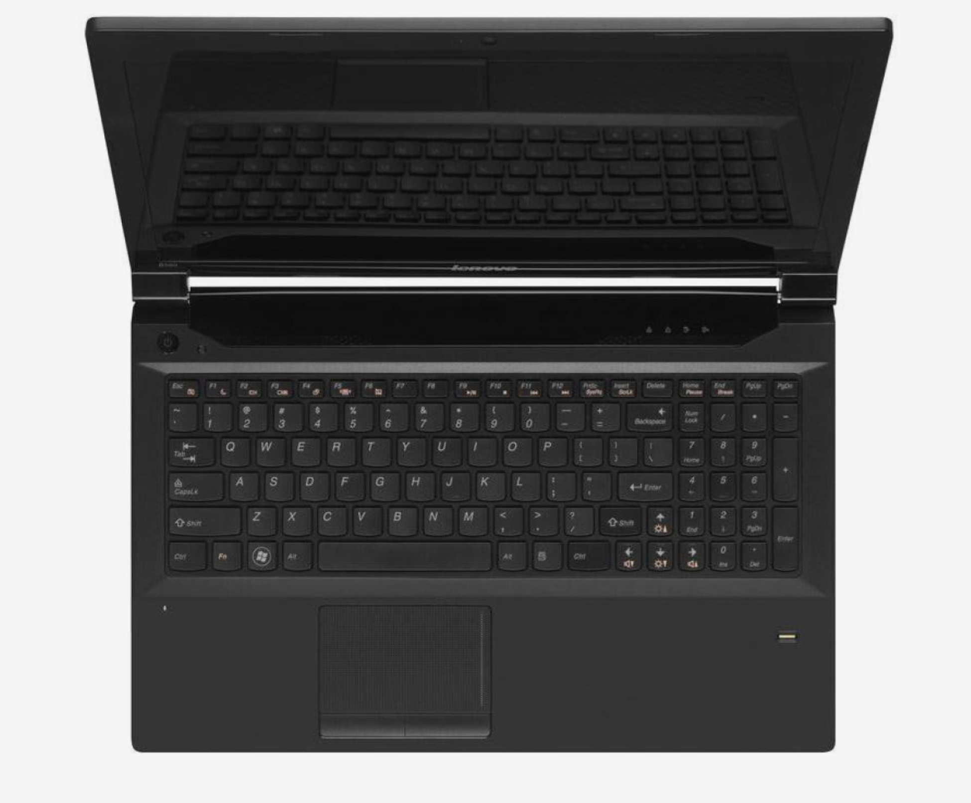 Lenovo_B590_0906_04 - lab-kuzniewski.pl - Testy laptopów, recenzje i porównania Top-down view of an open black laptop showing keyboard and touchpad on a dark chassis