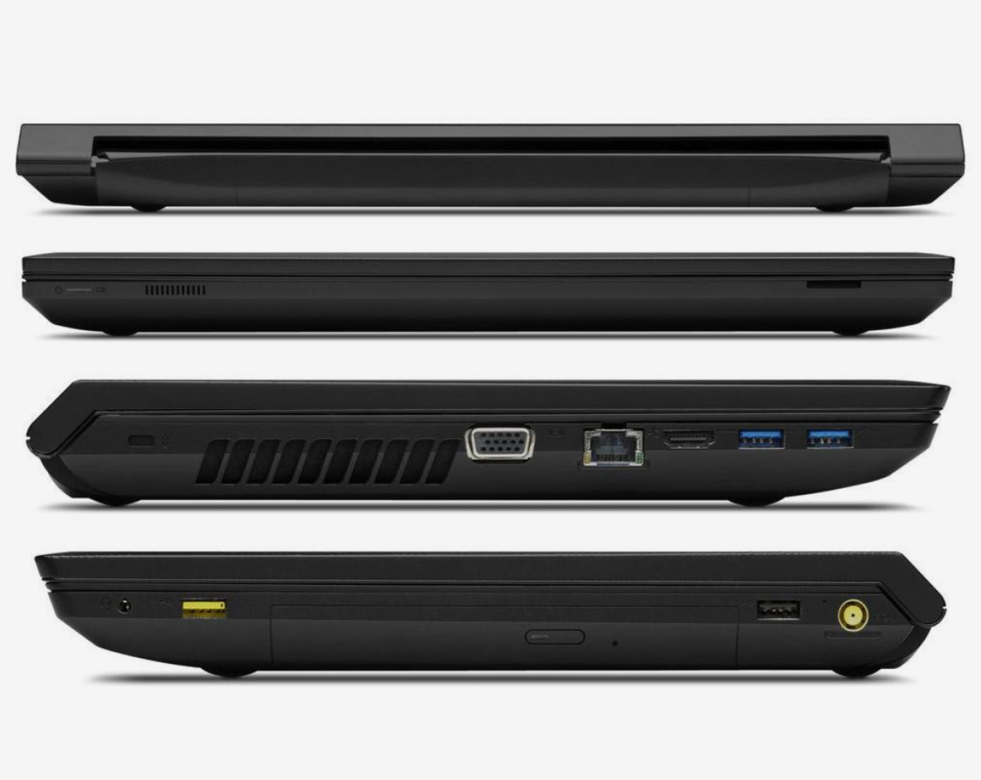 Lenovo_B590_0906_05 - lab-kuzniewski.pl - Testy laptopów, recenzje i porównania Side and rear view of a black laptop showing multiple ports along the back and sides (power, HDMI, VGA, Ethernet, USB).