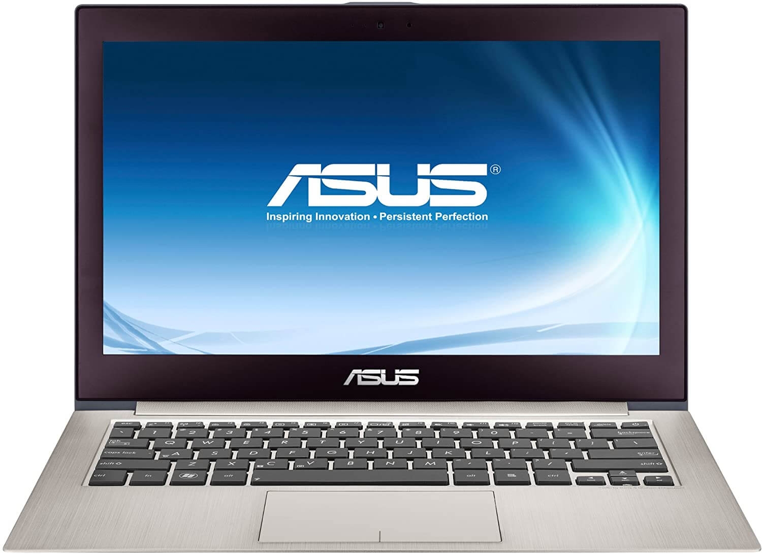 Slim silver Asus laptop open to showcase keyboard and blue gradient screen with Asus logo in the center of the display frame