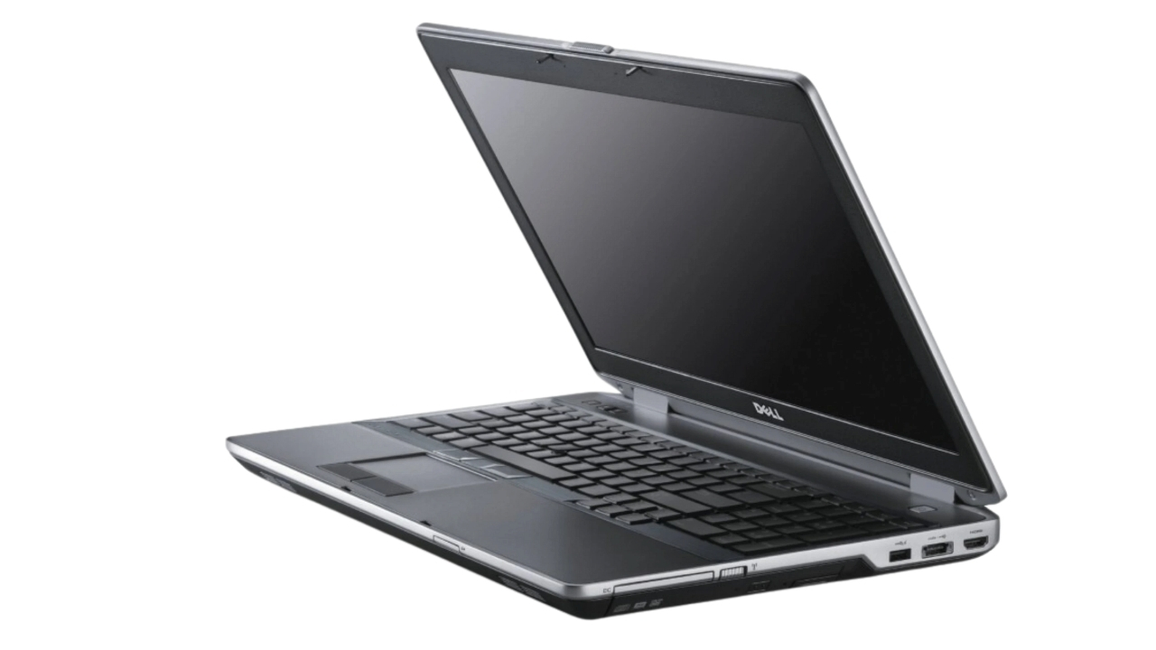 Dell Latitude E6230_0906_01 - lab-kuzniewski.pl - Testy laptopów, recenzje i porównania Open Dell laptop with dark screen and black keyboard, angled on a white background.