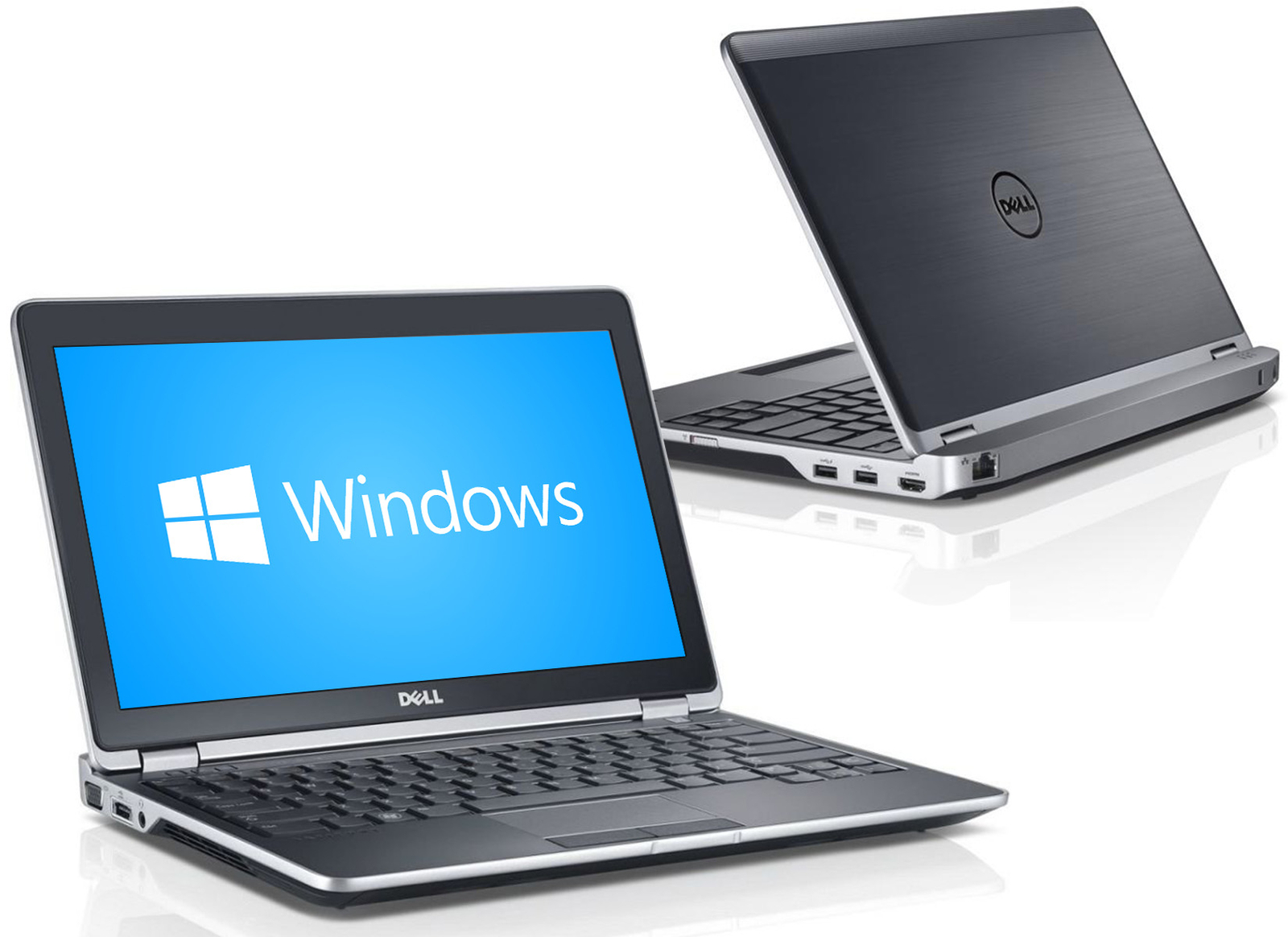 Dell Latitude E6230_0906_02 - lab-kuzniewski.pl - Testy laptopów, recenzje i porównania Two Dell laptops angled on a white background: a front-open laptop showing a blue Windows screen and the Dell logo, with a second closed laptop propped behind.