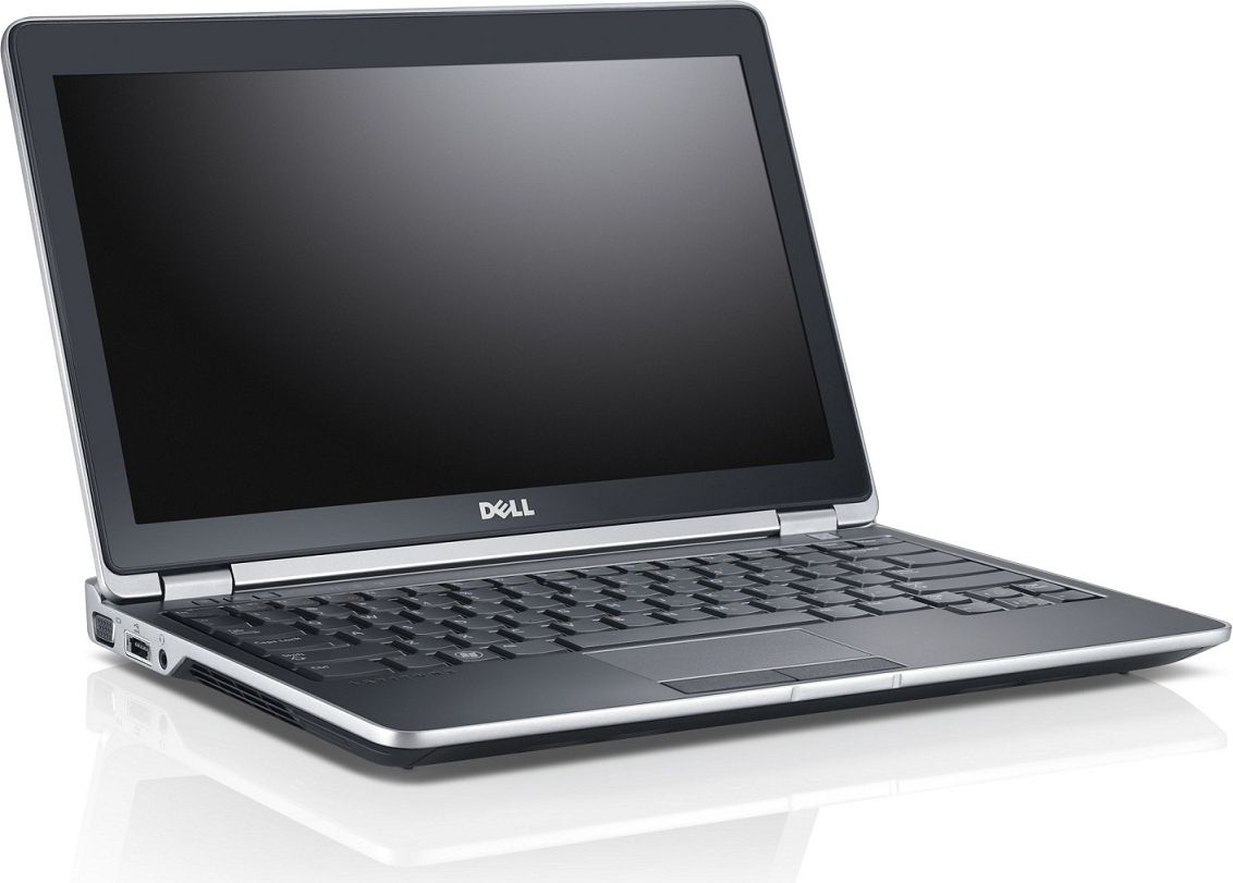 Dell Latitude E6230_0906_03 - lab-kuzniewski.pl - Testy laptopów, recenzje i porównania Open Dell laptop on a white reflective surface, screen off, showing keyboard and silver chassis