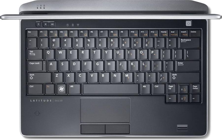 Dell Latitude E6230_0906_04 - lab-kuzniewski.pl - Testy laptopów, recenzje i porównania Top-down view of a Dell Latitude laptop keyboard with touchpad and numeric keypad on the right side.