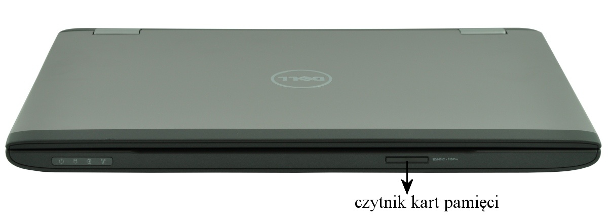 Closed silver Dell laptop with a memory card reader on the front edge.