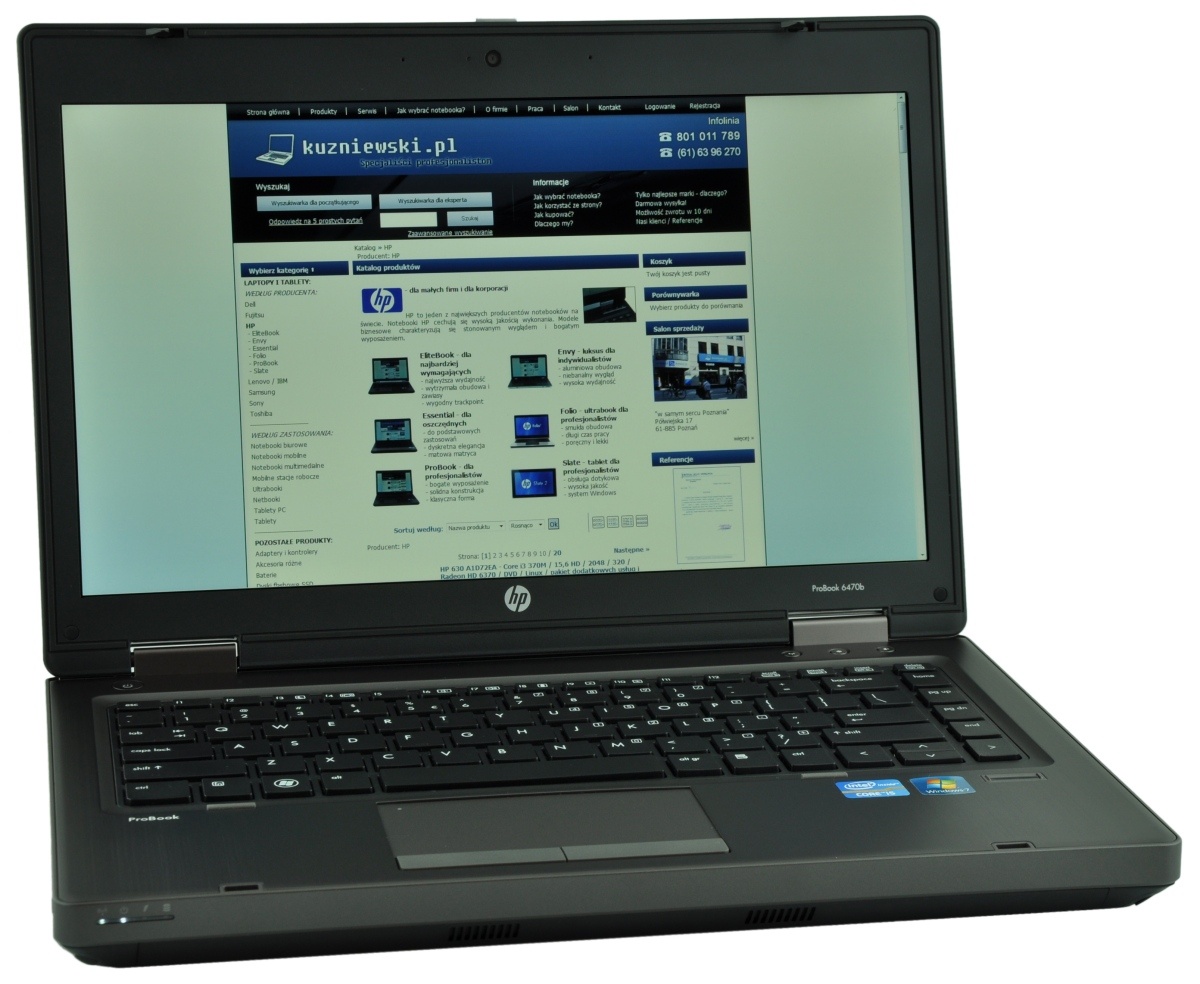 HP ProBook laptop displaying a Polish tech site with a blue header and product listings on the screen