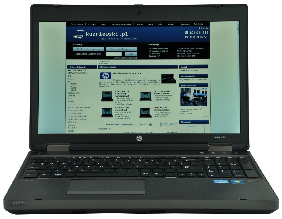 HP ProBook laptop open, displaying a blue Polish tech site with product catalog on the screen.
