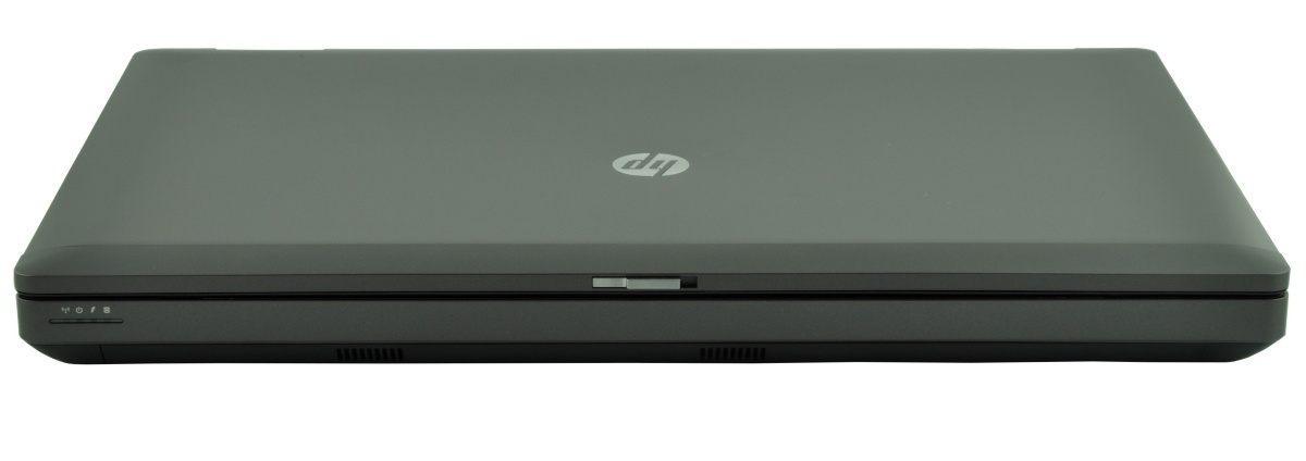 Closed black HP laptop viewed from the side, showing a slim profile and the HP logo on the lid.