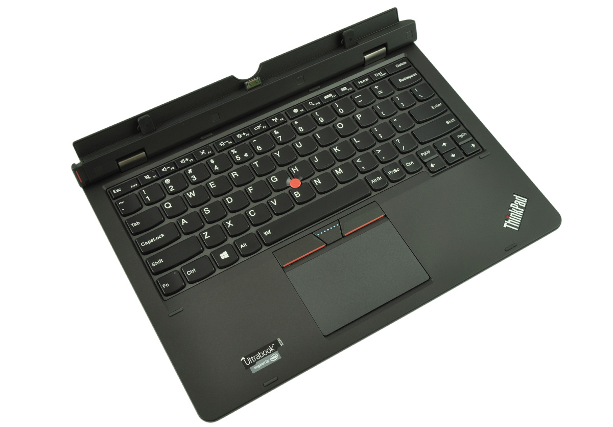 Black Lenovo ThinkPad ultrabook with red TrackPoint, keyboard, and touchpad seen from a diagonal top view