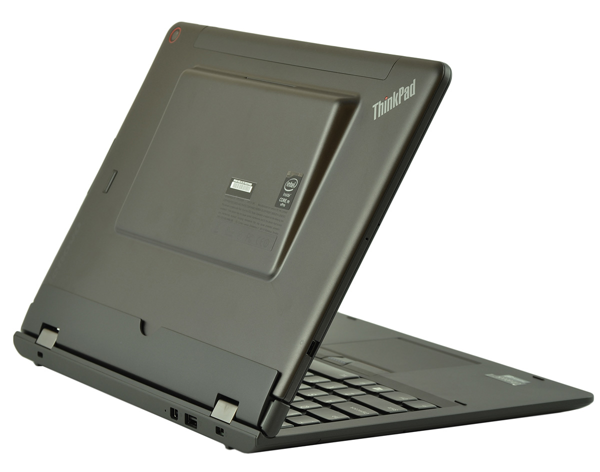 Open ThinkPad laptop viewed from the back-left, showing the keyboard and the ThinkPad logo on the screen lid.