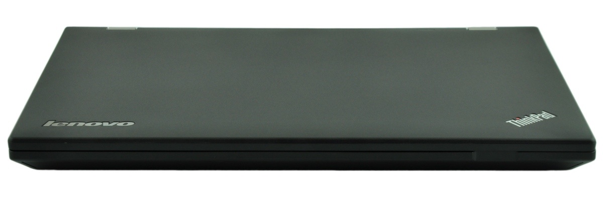 Closed black Lenovo ThinkPad laptop viewed from the side, with Lenovo and ThinkPad logos visible on the lid.