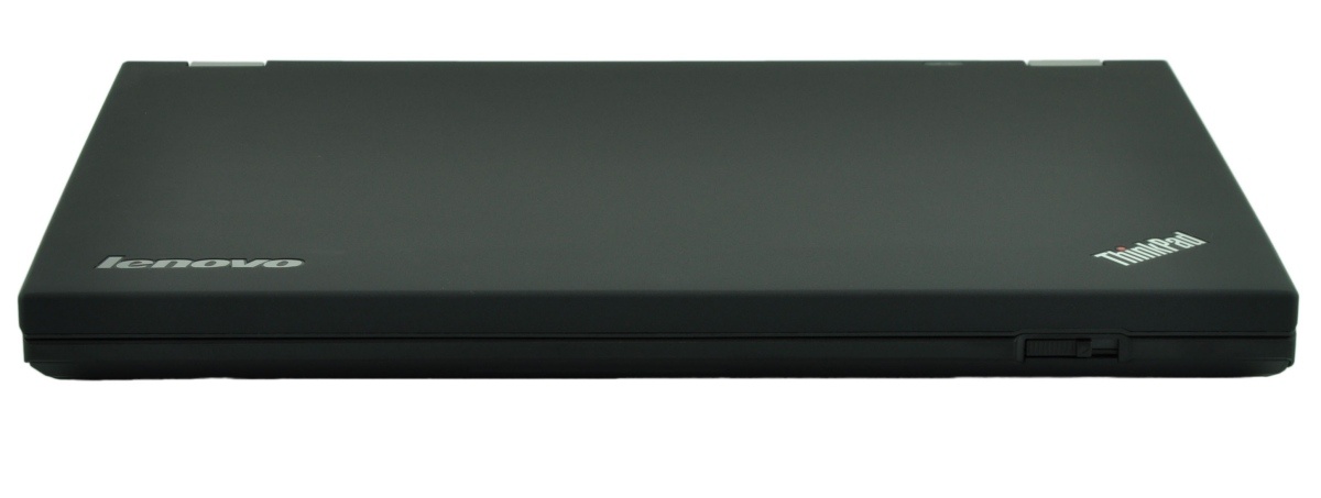 Closed black Lenovo ThinkPad laptop viewed from the side with logo visible on the lid (ThinkPad branding)