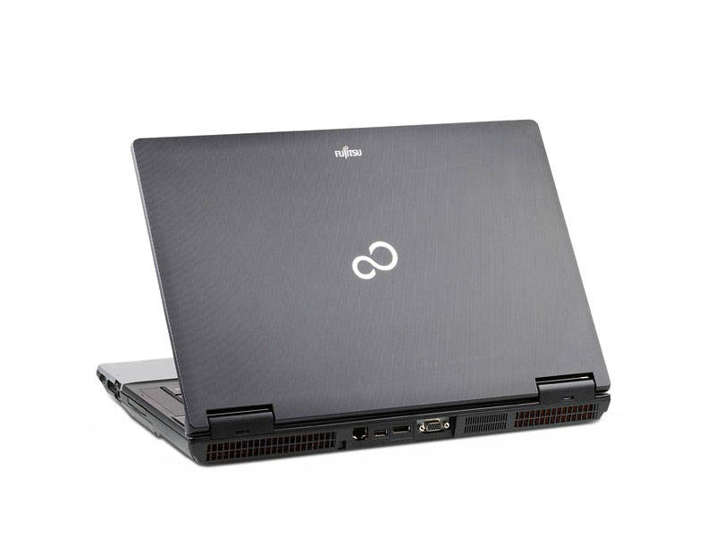 Rear view of a closed Fujitsu laptop, showing the Fujitsu logo on the lid and ports along the back edge.