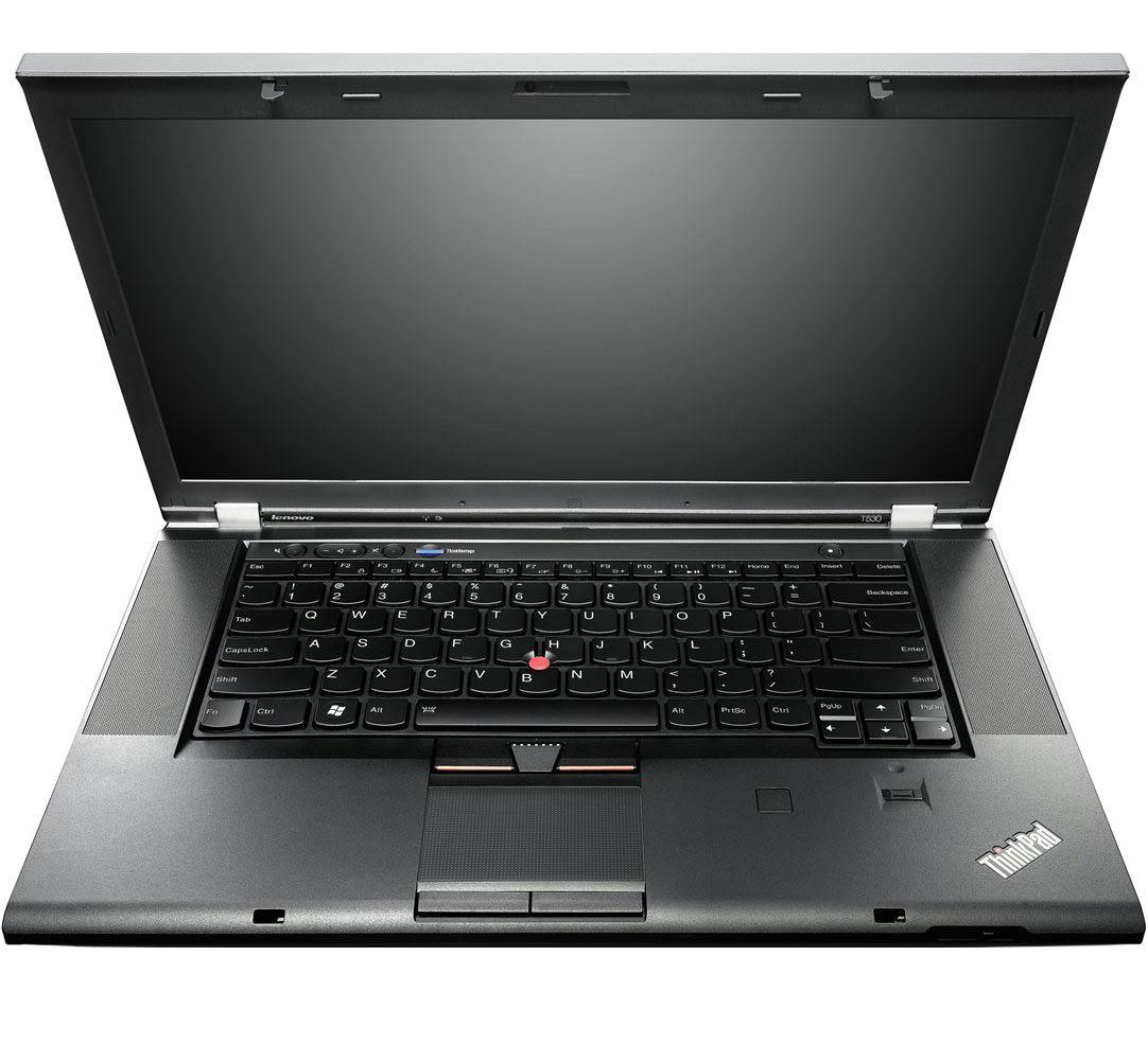 Open Lenovo ThinkPad laptop with black keyboard and touchpad, viewed from above against a white background, logo visible on the palm rest.