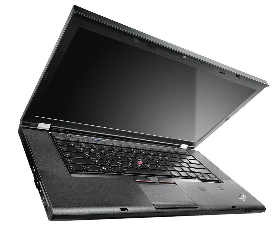 Open black laptop with keyboard and screen angled upward for use, matte finish and red TrackPoint visible on keyboard.