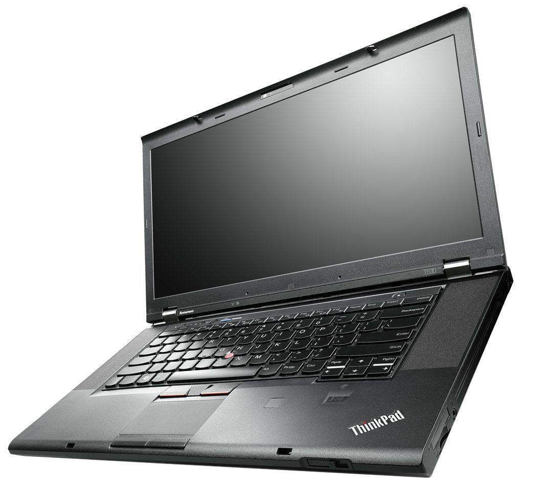 Black ThinkPad laptop open to show keyboard and dark screen.