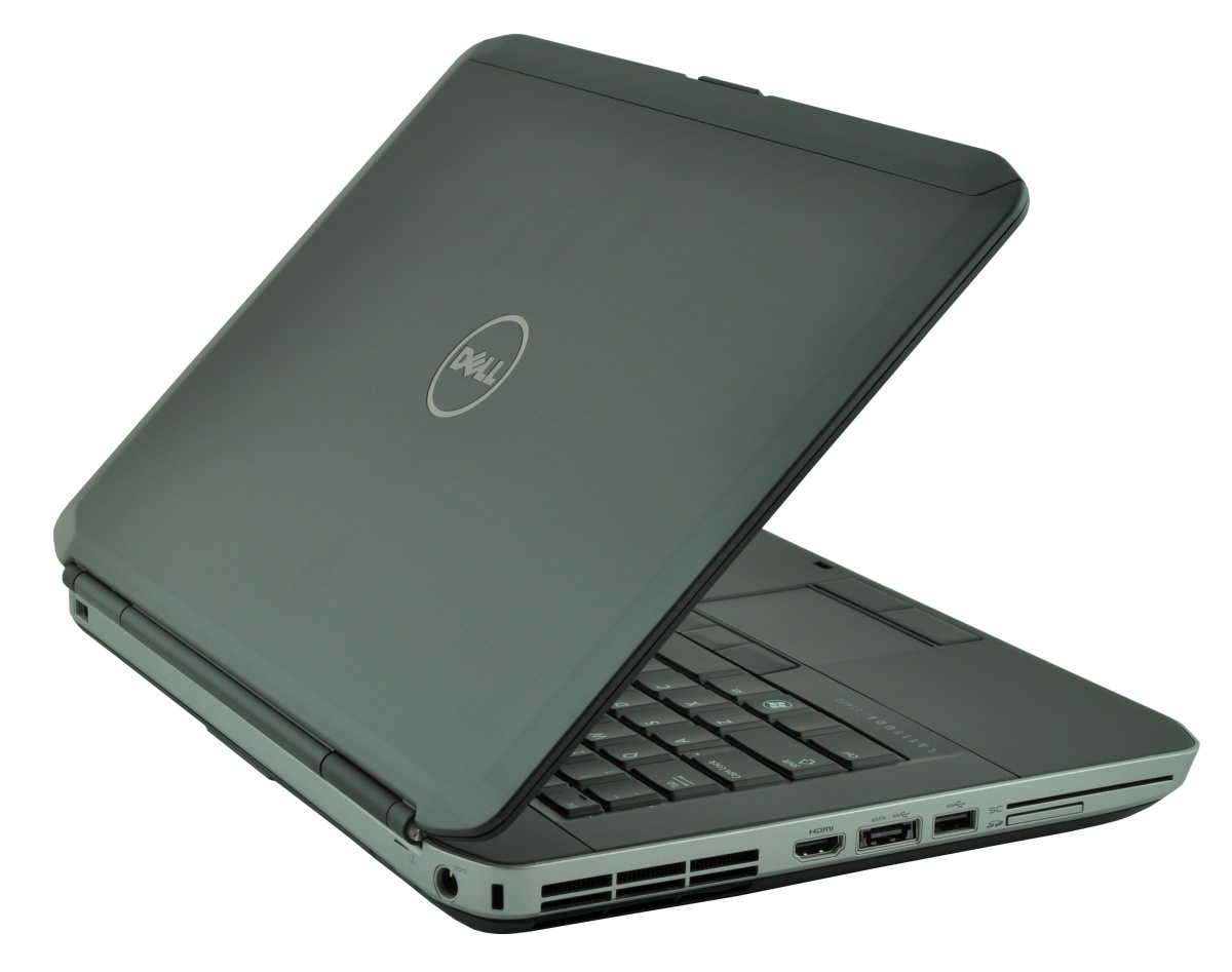 dell-latitude-e5430-5161_125271 - lab-kuzniewski.pl - Testy laptopów, recenzje i porównania Gray Dell laptop partially closed, viewed from a side angle showing keyboard and ports on the front edge