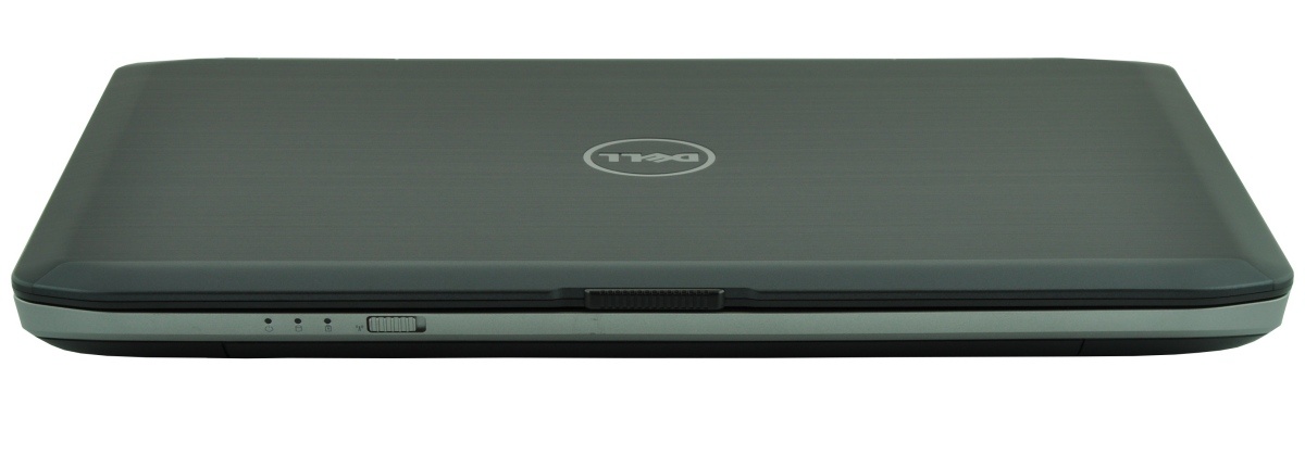 dell-latitude-e5430-5161_125279 - lab-kuzniewski.pl - Testy laptopów, recenzje i porównania Closed Dell laptop viewed from the side, showcasing the lid with the Dell logo and the front edge with small indicator lights and latch.