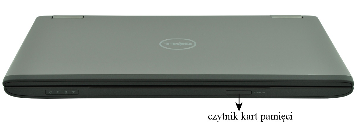 dell-vostro-3560-5160973_122384 - lab-kuzniewski.pl - Testy laptopów, recenzje i porównania Closed Dell laptop with a side memory card reader slot; an arrow points to it labeled 'czytnik kart pamięci'.