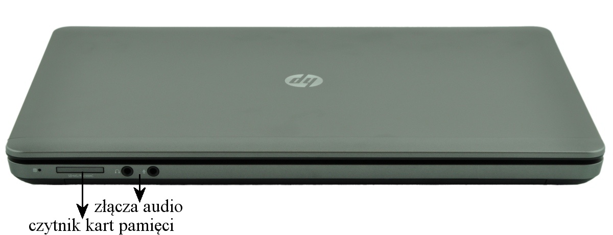 Closed gray HP laptop from the side, showing a memory card reader slot and audio jack.