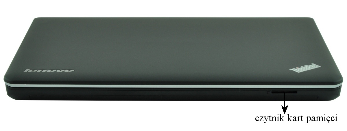 Closed Lenovo ThinkPad laptop with an SD card reader slot on the right side