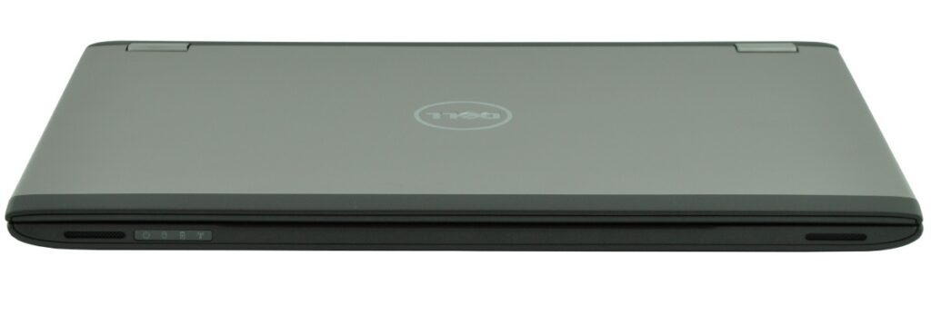 Closed gray Dell laptop shown from a low side angle with the Dell logo centered on the lid.