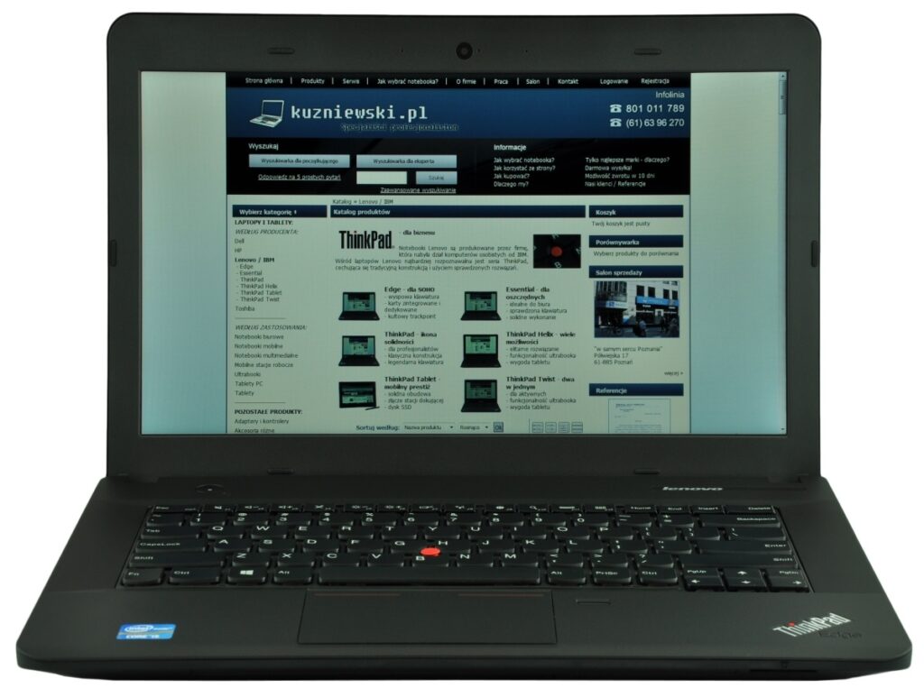 lenovo-thinkpad-edge-e43_122480 - lab-kuzniewski.pl - Testy laptopów, recenzje i porównania Open Lenovo ThinkPad laptop displaying a Polish website kuzniowski.pl on the screen, keyboard visible in foreground central image edge-to-edge