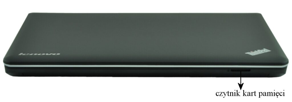 Closed black Lenovo ThinkPad laptop with a memory card reader on the right edge visible.