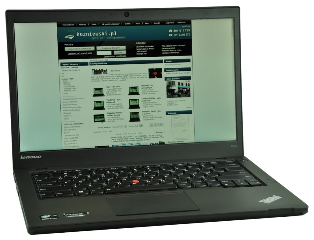 lenovo-thinkpad-t431s-20_122875 - lab-kuzniewski.pl - Testy laptopów, recenzje i porównania Lenovo ThinkPad laptop open to a website with product listings and a blue header on screen (informational image).
