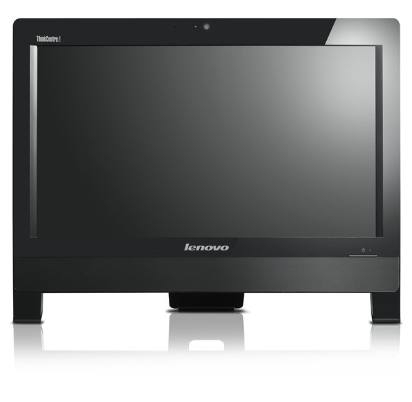 Front view of a black Lenovo ThinkCentre all-in-one desktop computer on a white background.