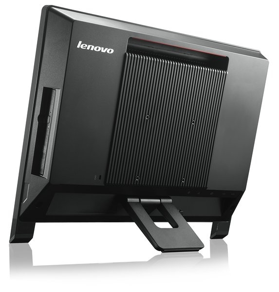 Rear view of a Lenovo monitor with a wide, ribbed stand and built-in slot on the left side.