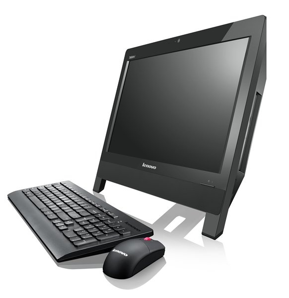 Lenovo all-in-one desktop with a keyboard and mouse on a white background