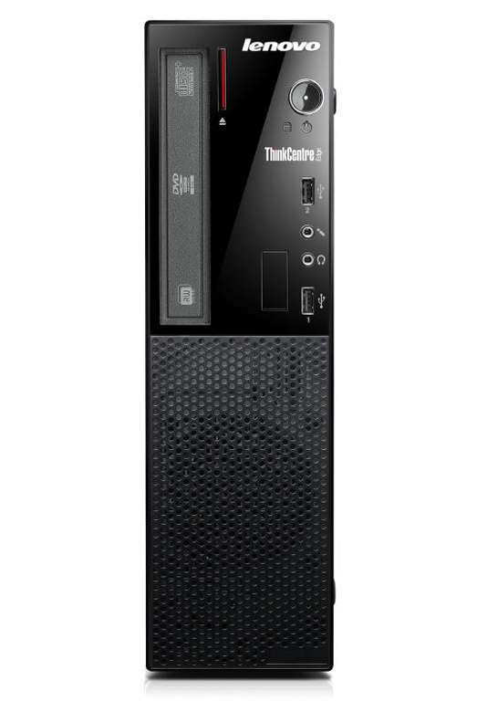 lenovo-thinkcentre-edge_124553 - lab-kuzniewski.pl - Testy laptopów, recenzje i porównania Front view of a black Lenovo ThinkCentre desktop tower showing a slim optical drive, power button, USB ports, audio jacks, and a perforated front panel.