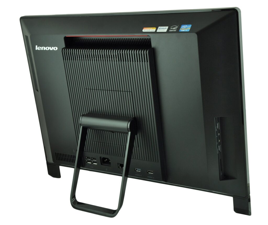 Back view of a Lenovo monitor on its stand, showing ports along the bottom edge.
