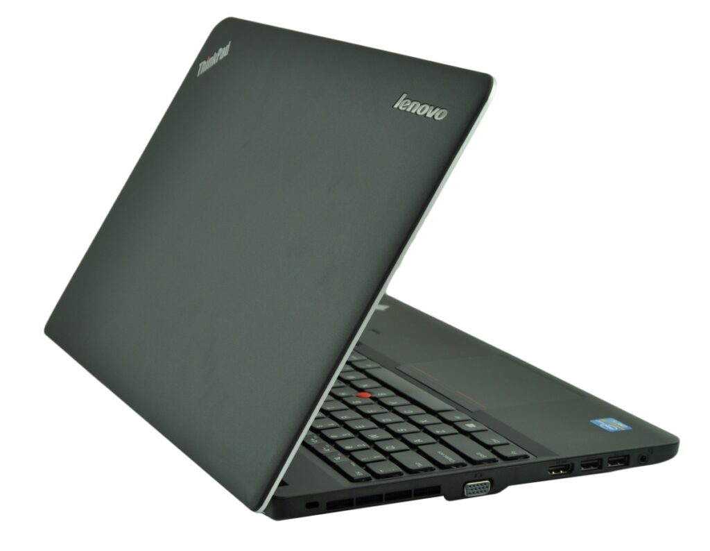 Lenovo ThinkPad laptop angled open, showing keyboard and side ports with the ThinkPad logo on the lid.