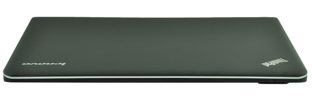 Closed black Lenovo ThinkPad laptop viewed from the side, with ThinkPad branding on the right edge.