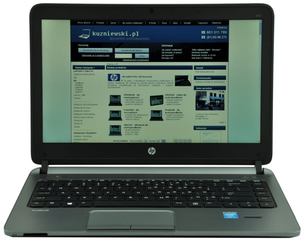 hp-probook-430-h0v12ea-c_126243 - lab-kuzniewski.pl - Testy laptopów, recenzje i porównania HP ProBook laptop open, displaying a Polish website with a blue header and navigation menu; keyboard and touchpad visible.